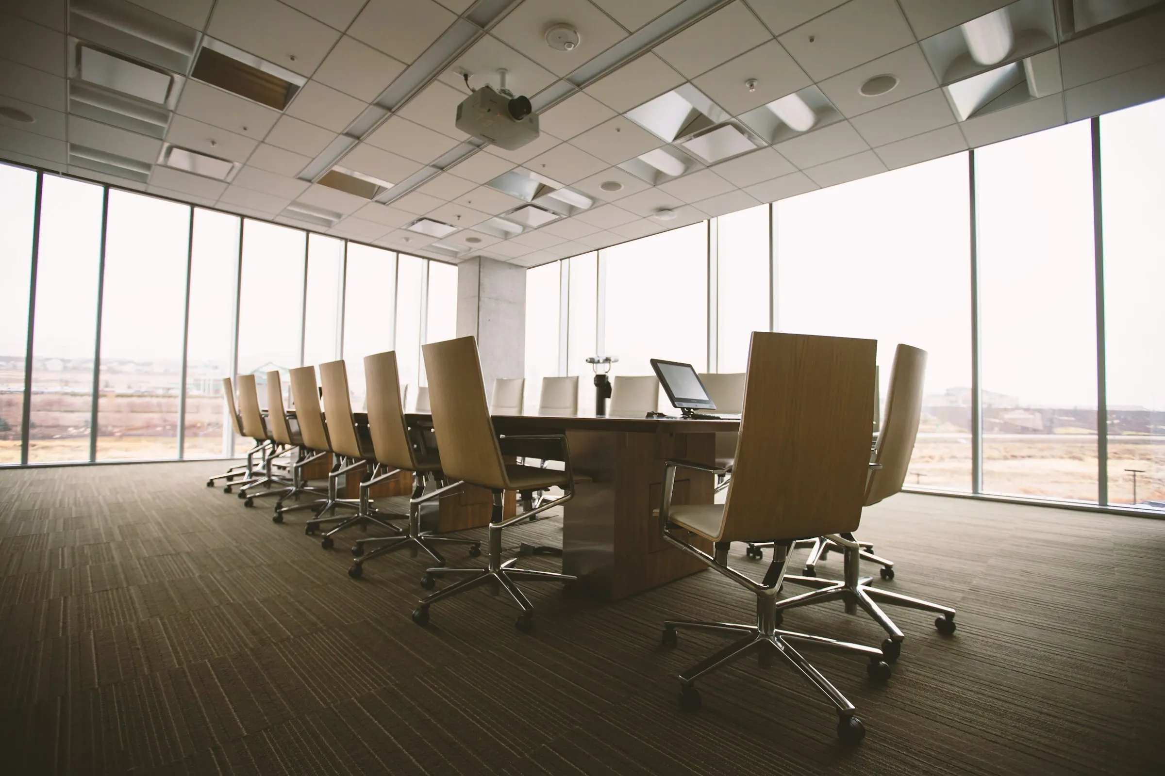 A boardroom with a long table