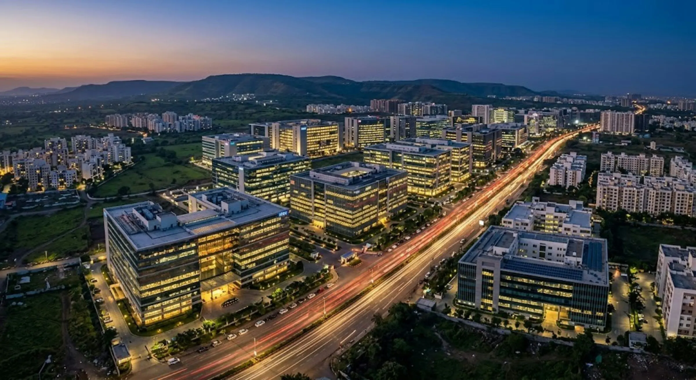 Aerial view of office parks in Pune at dusk