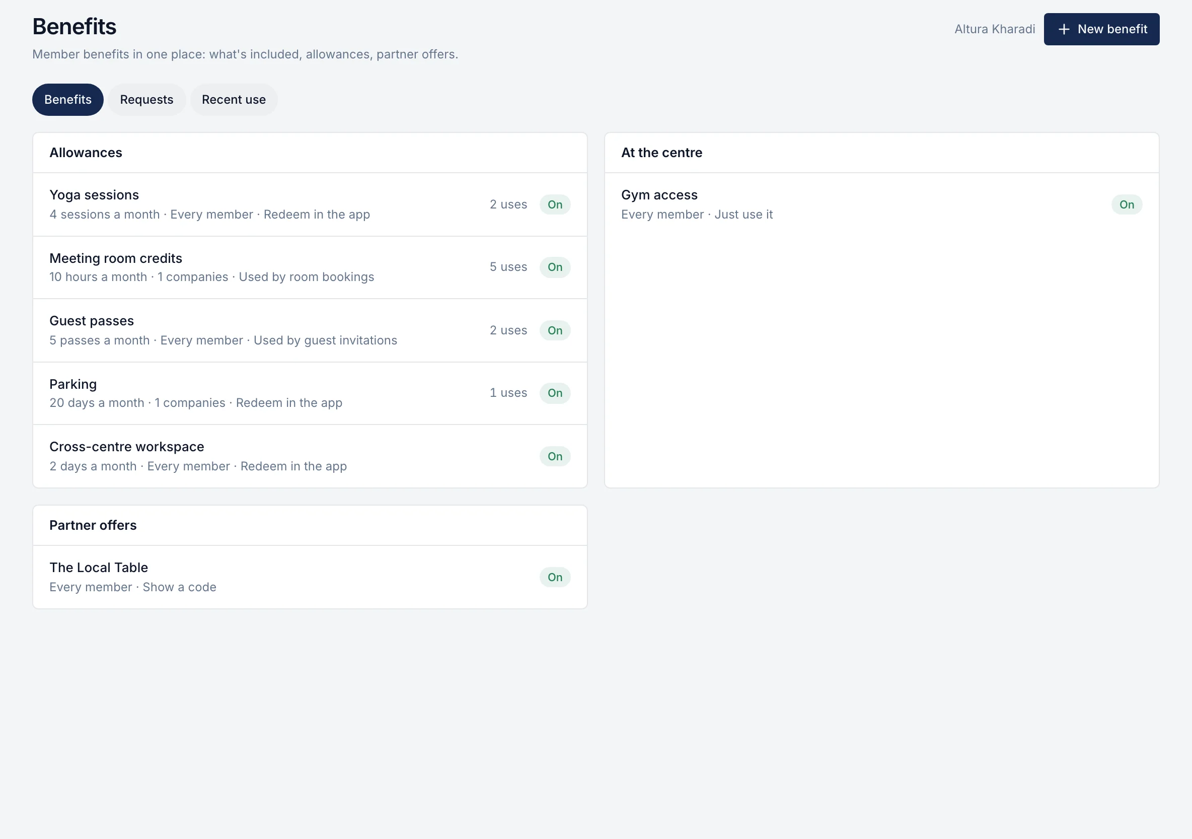 Member benefits set-up: allowances, partner offers and usage