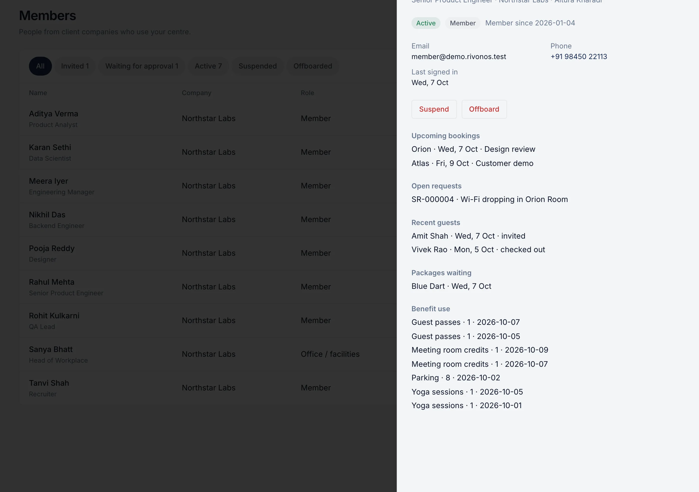 A member's profile with bookings, requests, guests and lifecycle actions