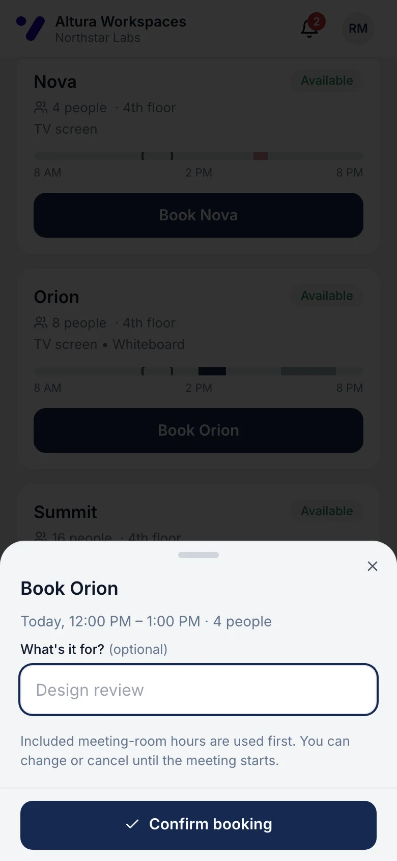 Confirming a room booking on a phone