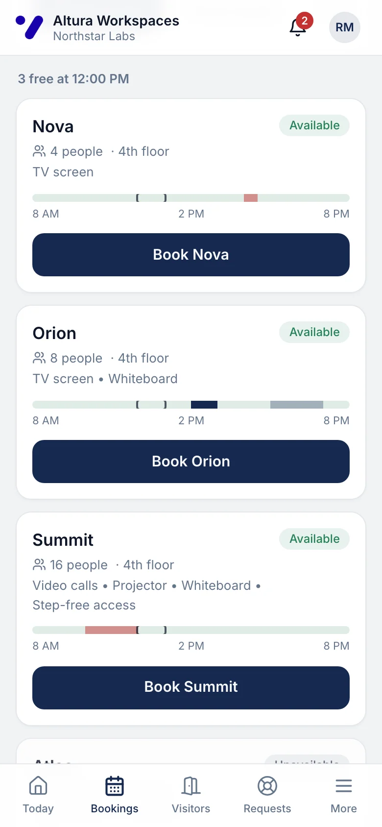 Finding a room on a phone: rooms with capacity, equipment and free times for 12 pm