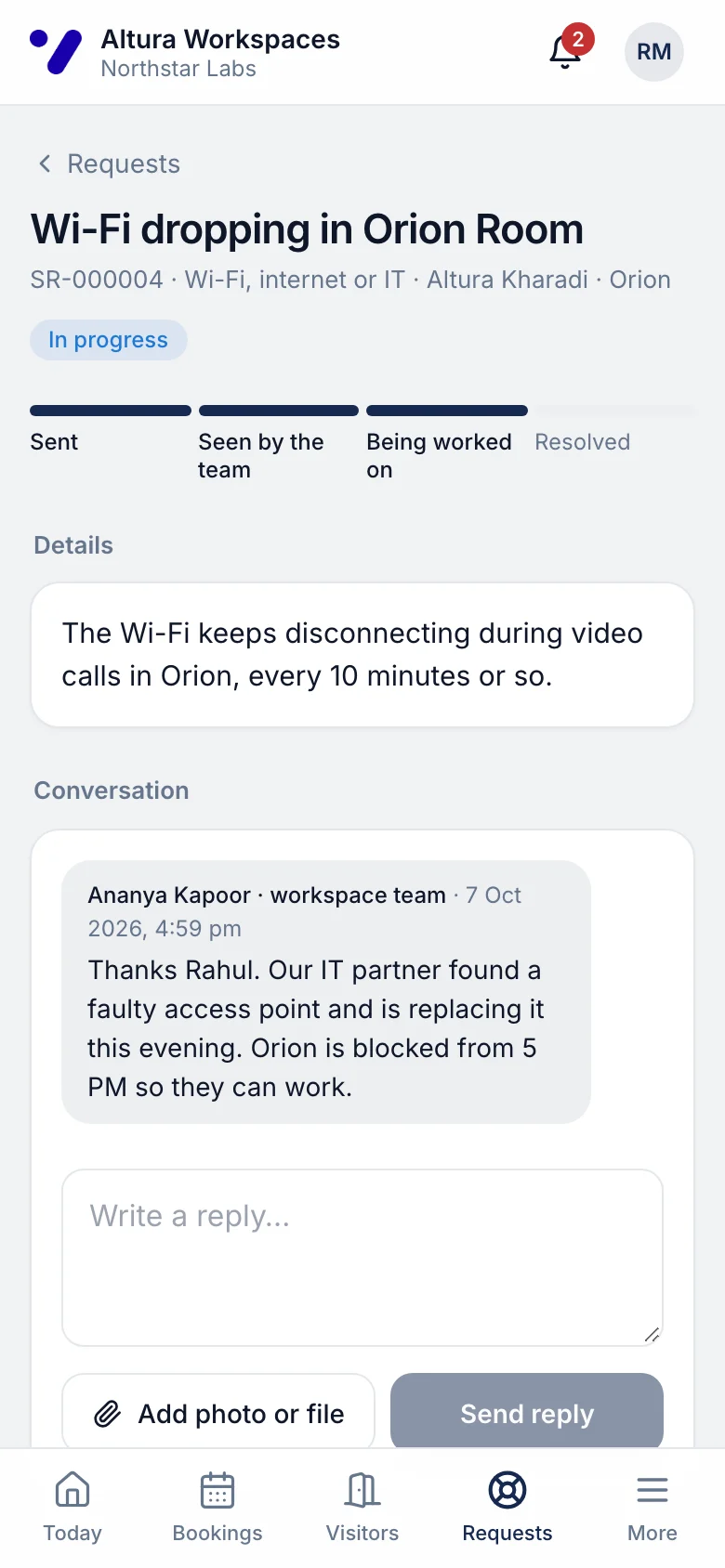 A member's request on a phone with progress steps and the centre team's reply