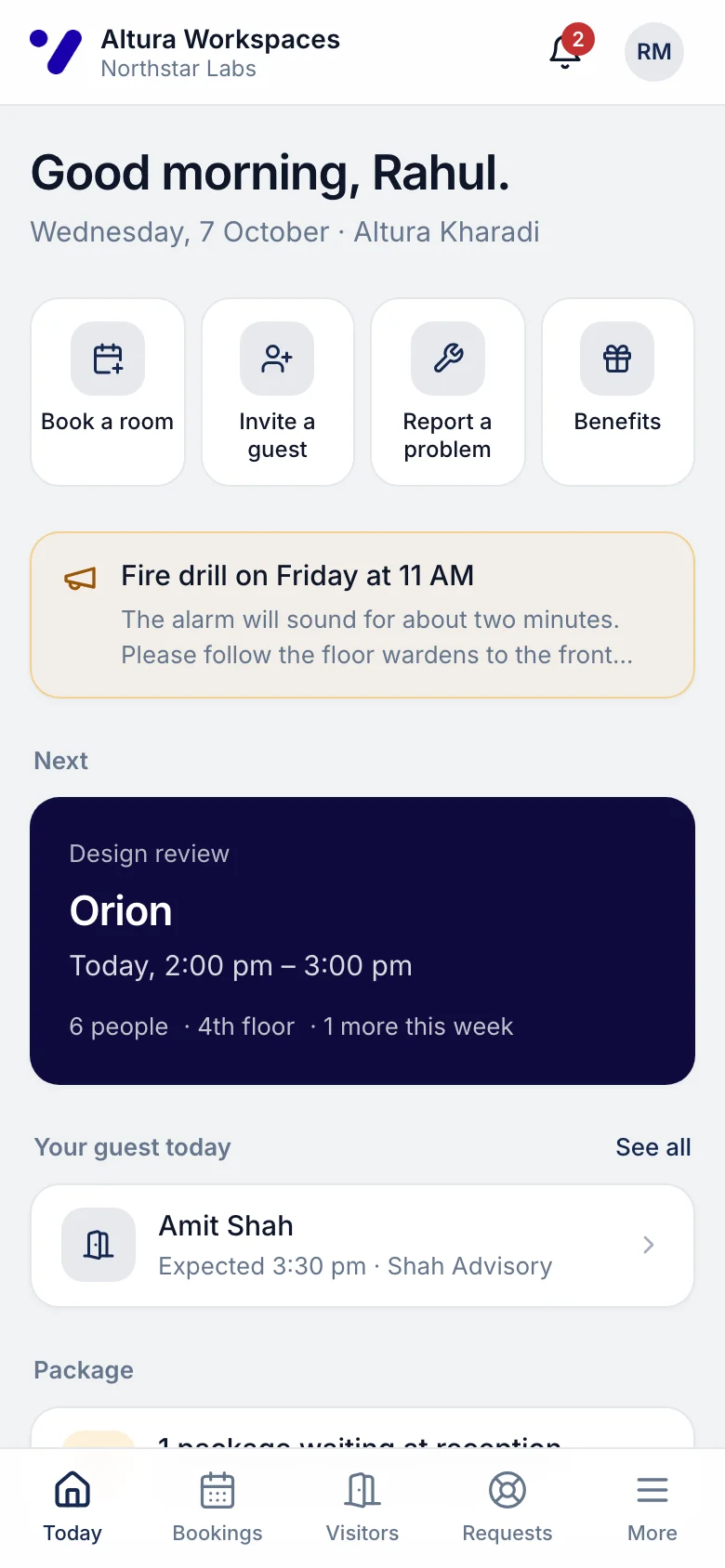 Rahul's Today page on a phone: next meeting in Orion at 2 pm, a guest at 3:30 pm and quick actions