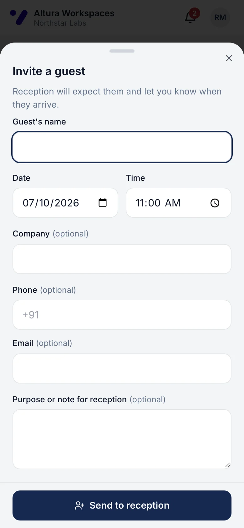 Inviting a guest on a phone: name, date, time and company