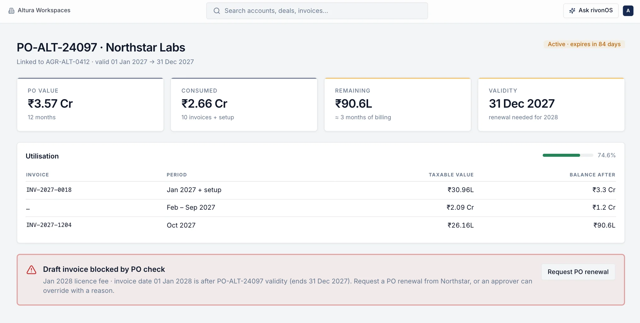 Purchase order PO-ALT-24097 with utilisation, and a draft invoice held by the PO check